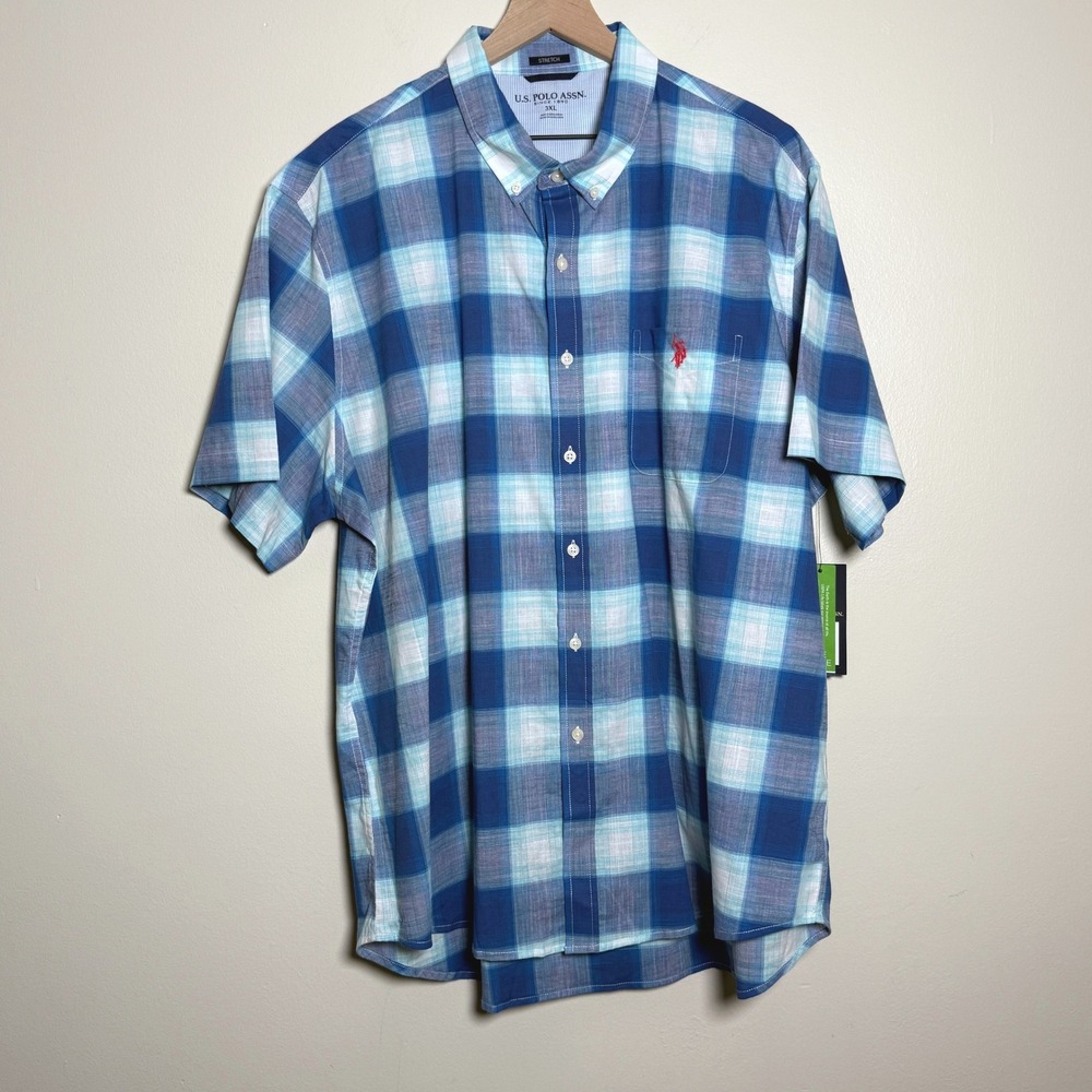 U.S. Polo Assn. NEW Mens Button Down Shirt 3XL Blue Plaid Stretch Nautical Basic